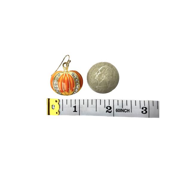 Pumpkin Earrings Orange Enamel Clear Rhinestones Gold Tone Hook Pierced Festive - Picture 7 of 7